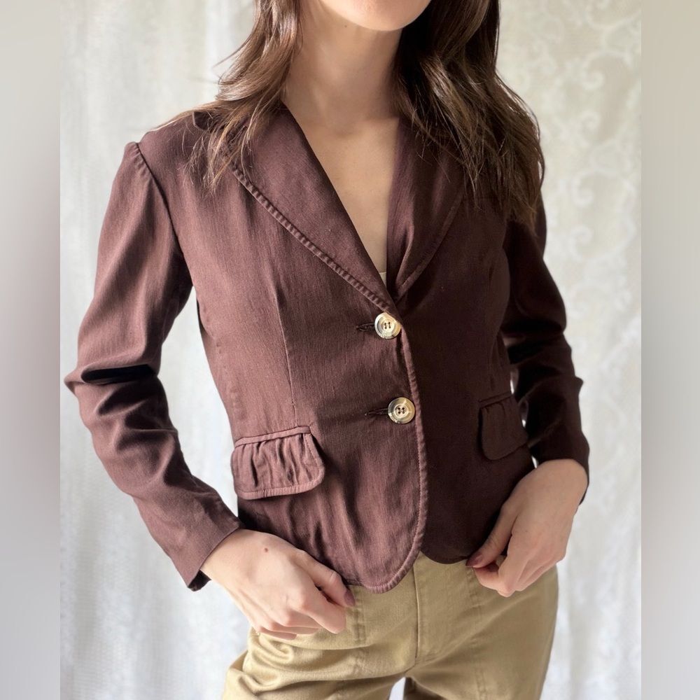 Vintage 90s Brown Cropped Blazer Jacket Fitted Minimal Chic Tailored